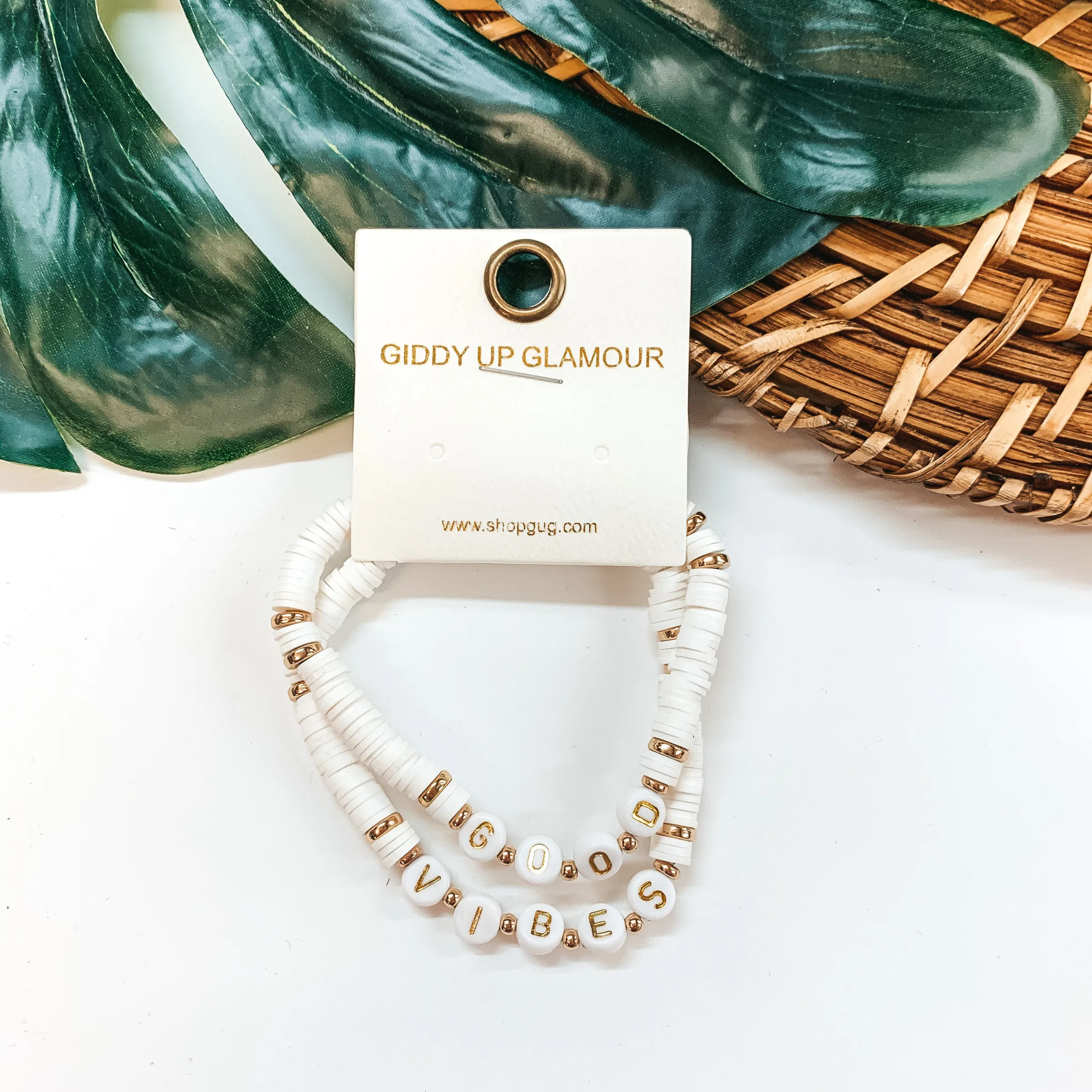 Set of Two | Good Vibes Disc Beaded Bracelets in White