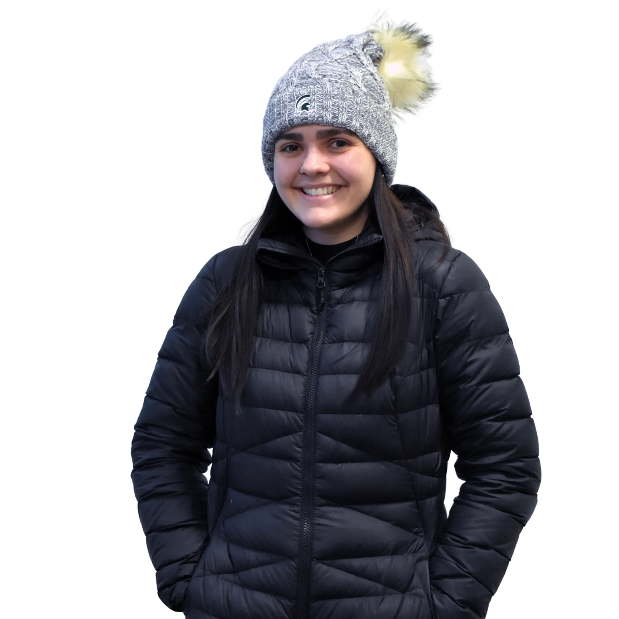 Spartan Helmet Cable Fuzzy Pom Beanie