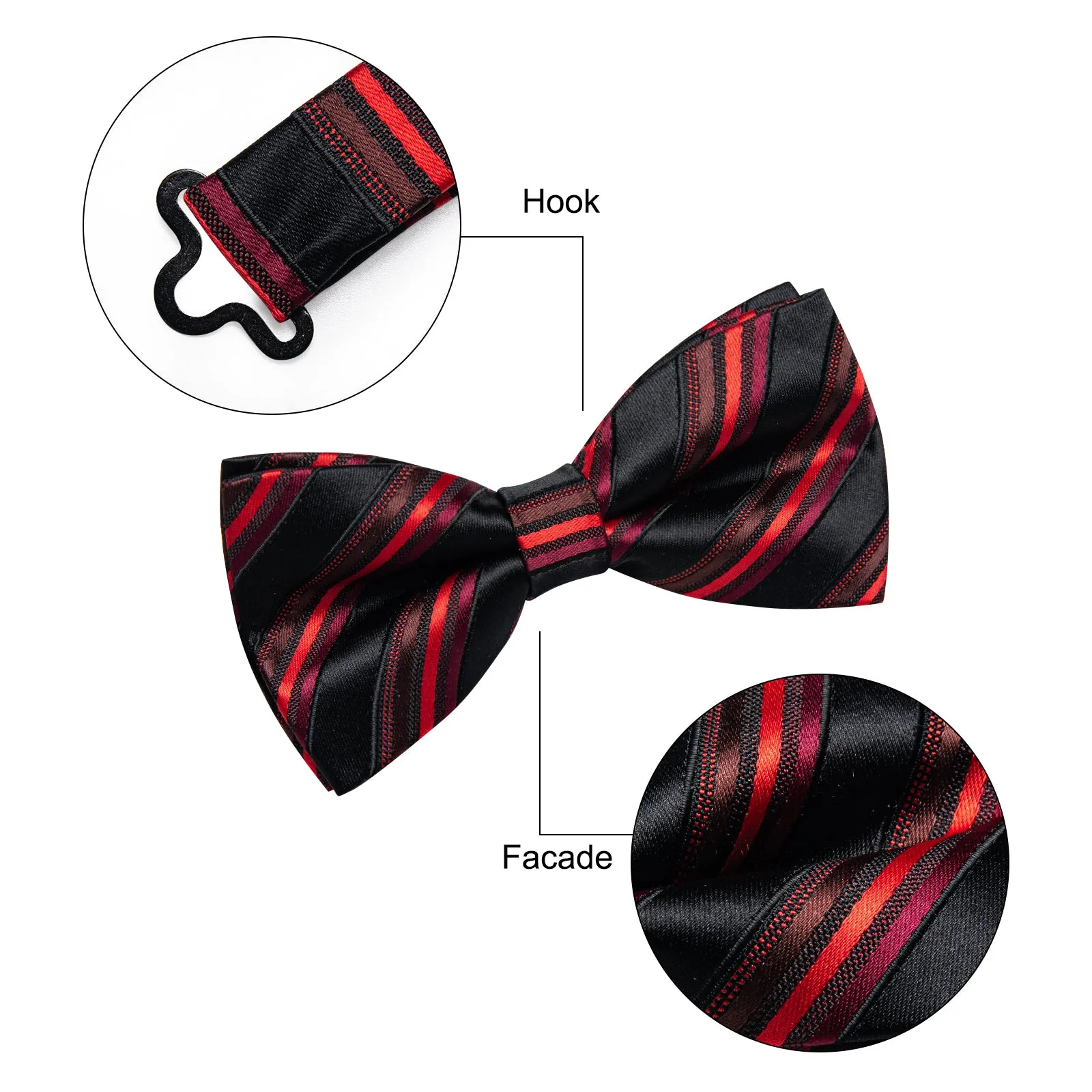 YourTies Bowtie Black Red Striped Pre-tied Bow Tie Set