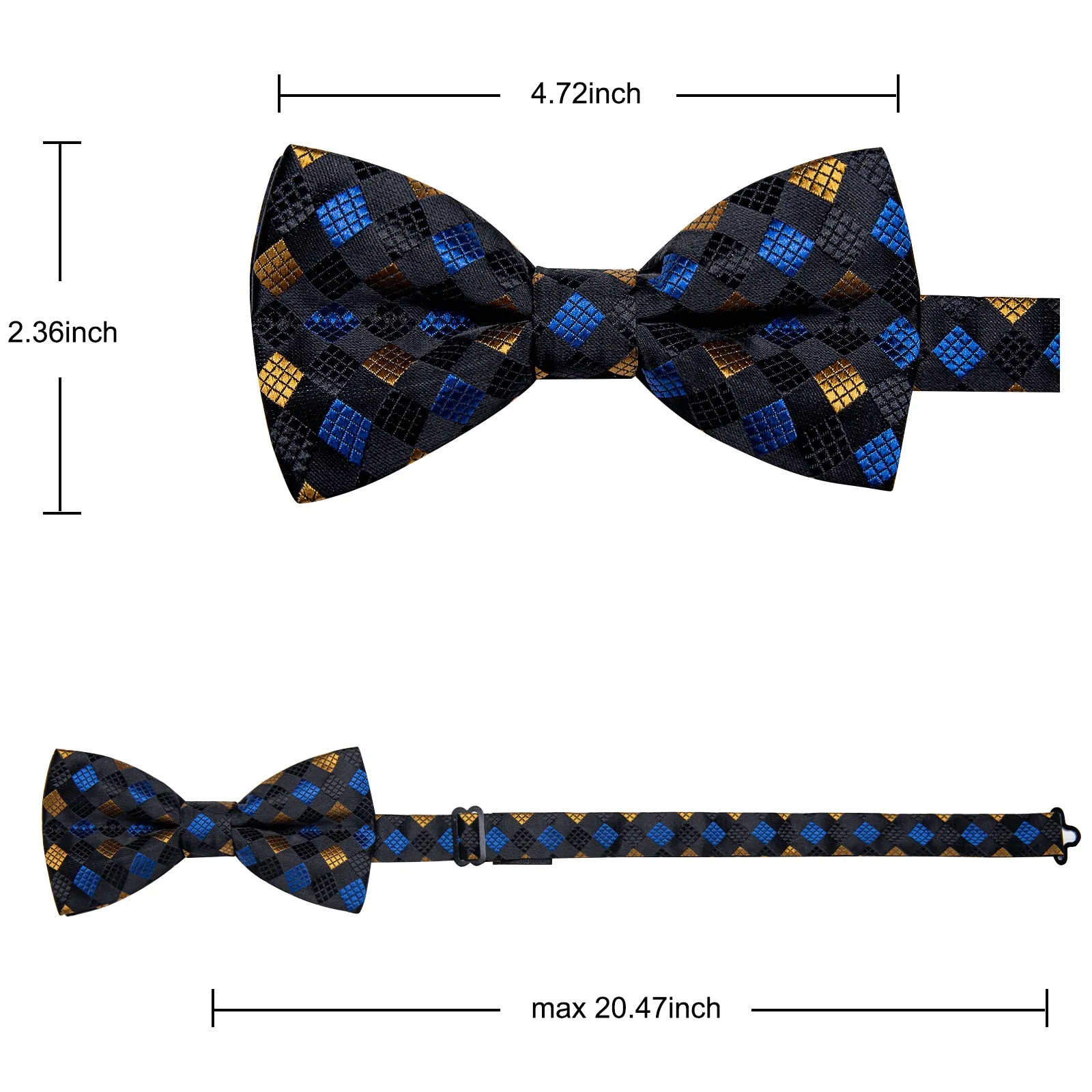 YourTies Checkered Tie Black Blue Yellow Cube Plaid Pre-tied Bowtie