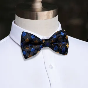 YourTies Checkered Tie Black Blue Yellow Cube Plaid Pre-tied Bowtie