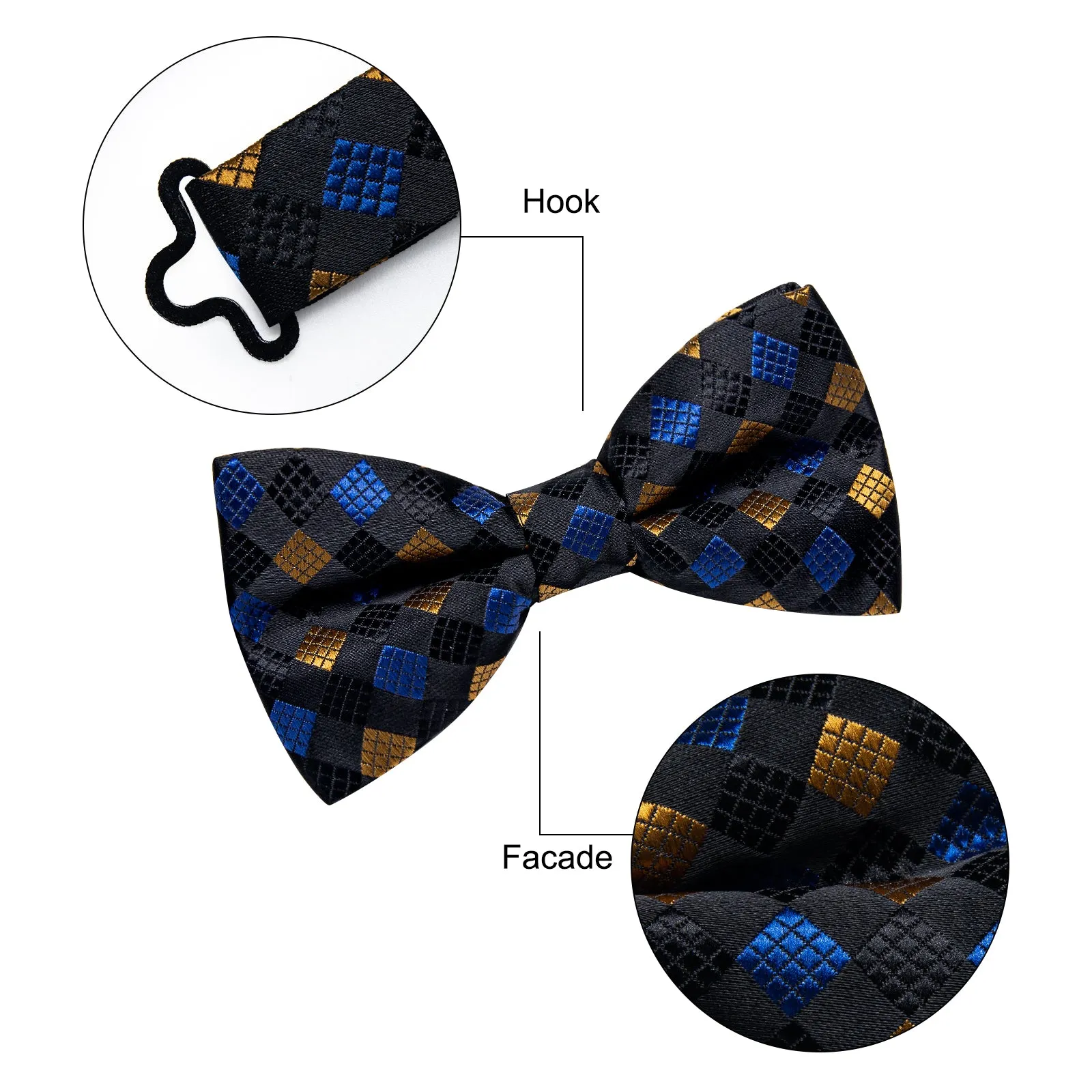 YourTies Checkered Tie Black Blue Yellow Cube Plaid Pre-tied Bowtie