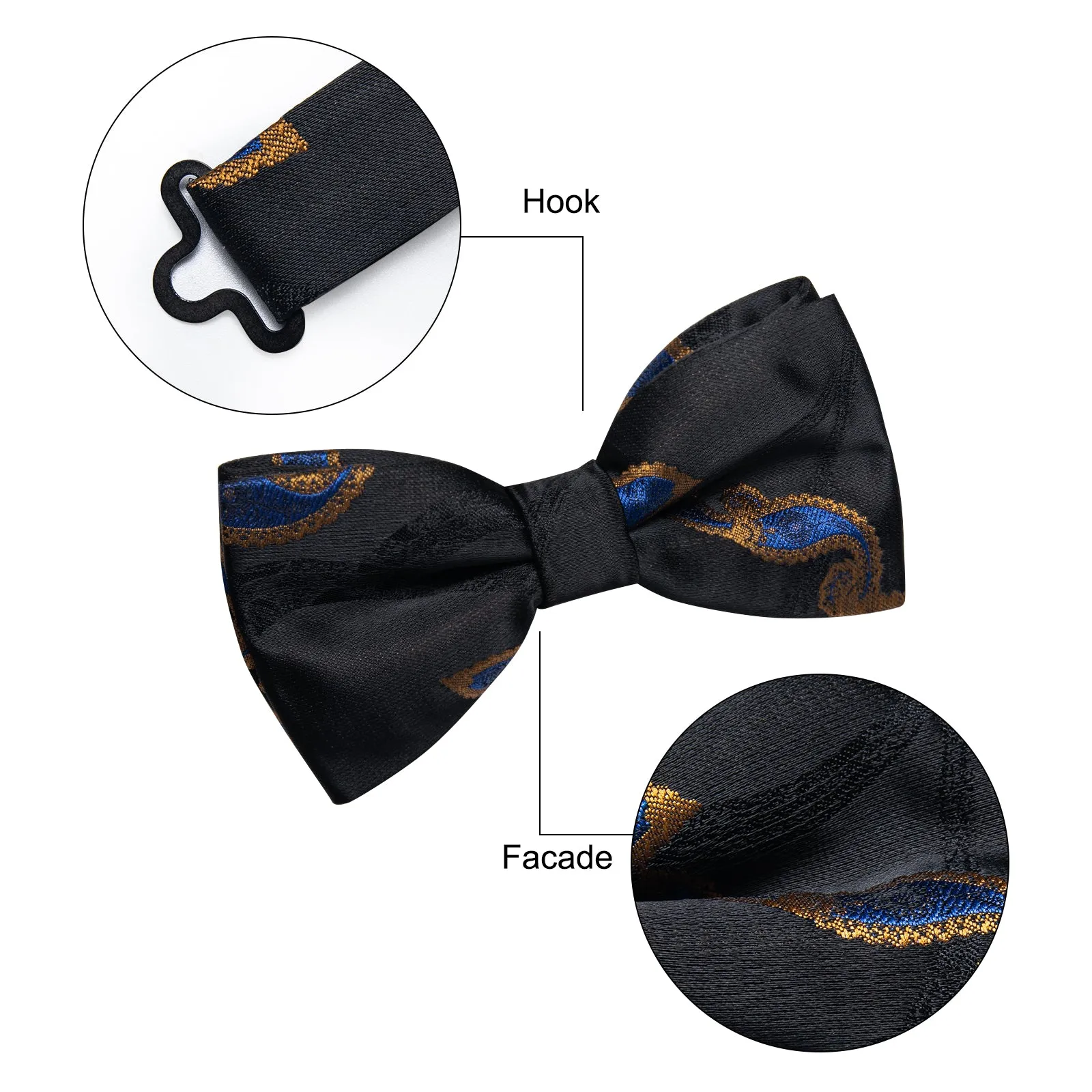 YourTies Classic Black BowTie Dark Blue Paisley Pre-tied Bowtie