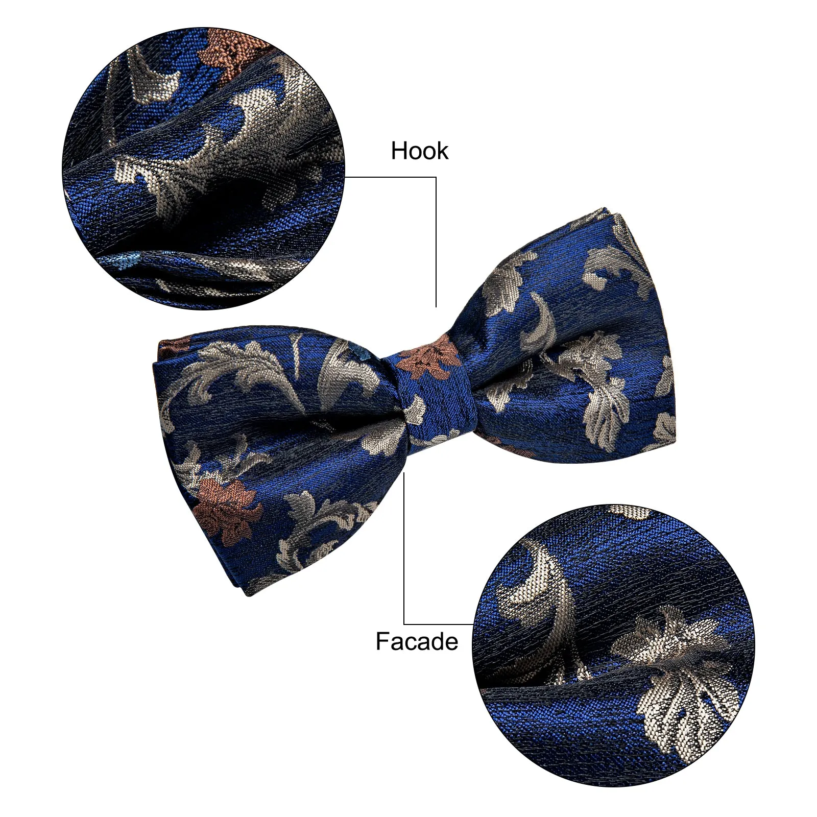 YourTies Deep Blue Tie Jacquard Tan Floral Grey Men's Pre-tied Bowtie