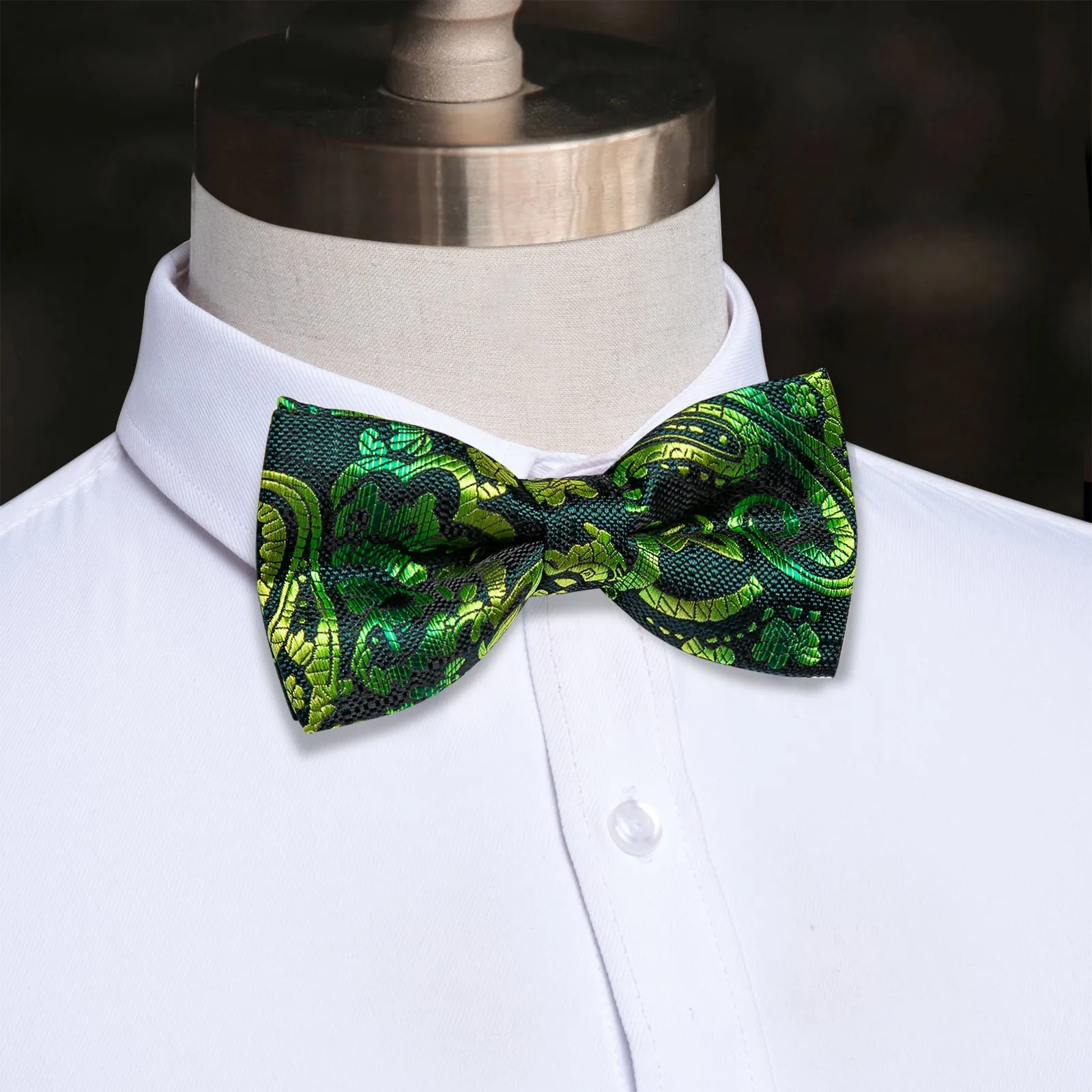 YourTies Green Necktie Dark Green Paisley Pre-tied Bowtie