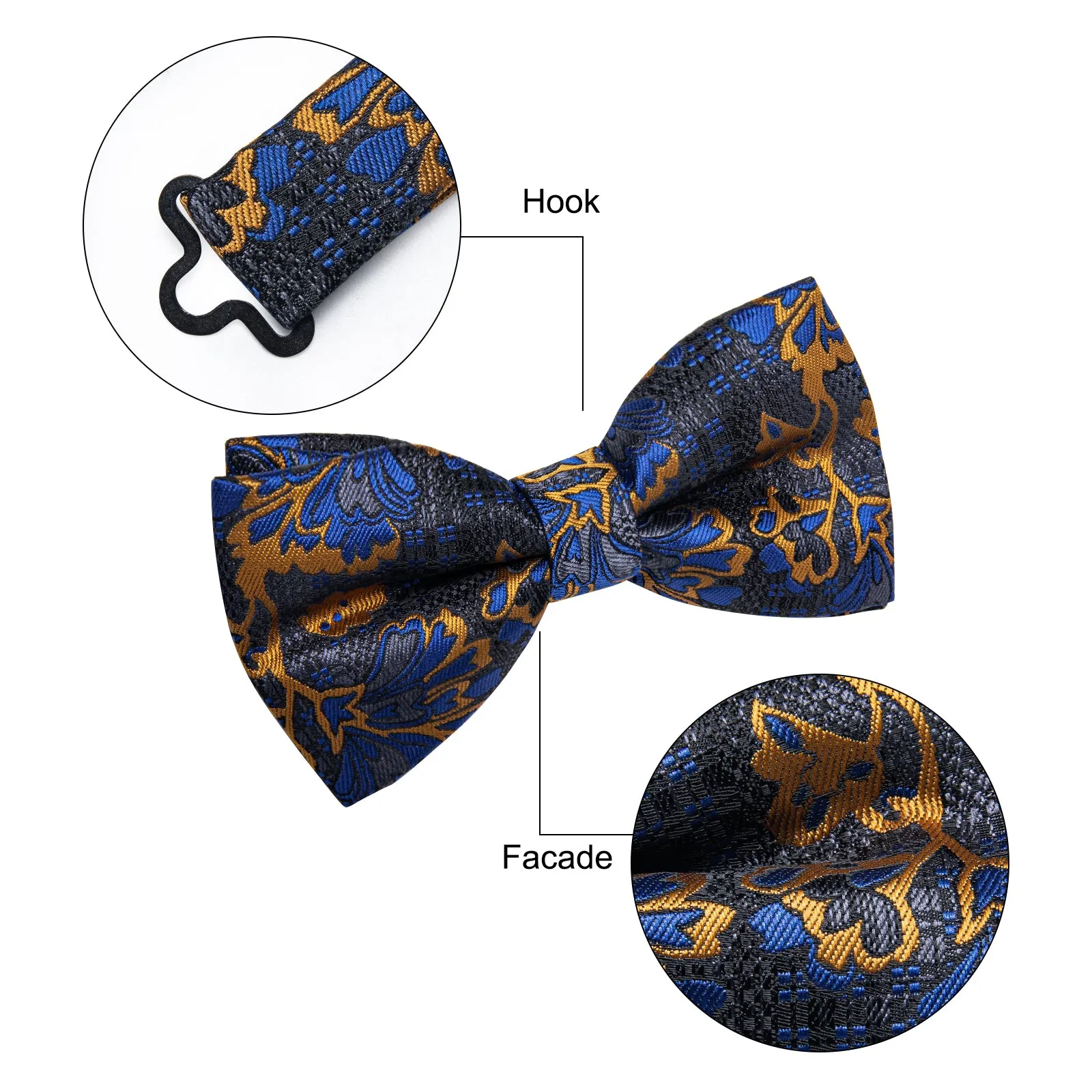 YourTies Luxury Deep Blue Necktie Golden Jacquard Floral Silk Bow Tie