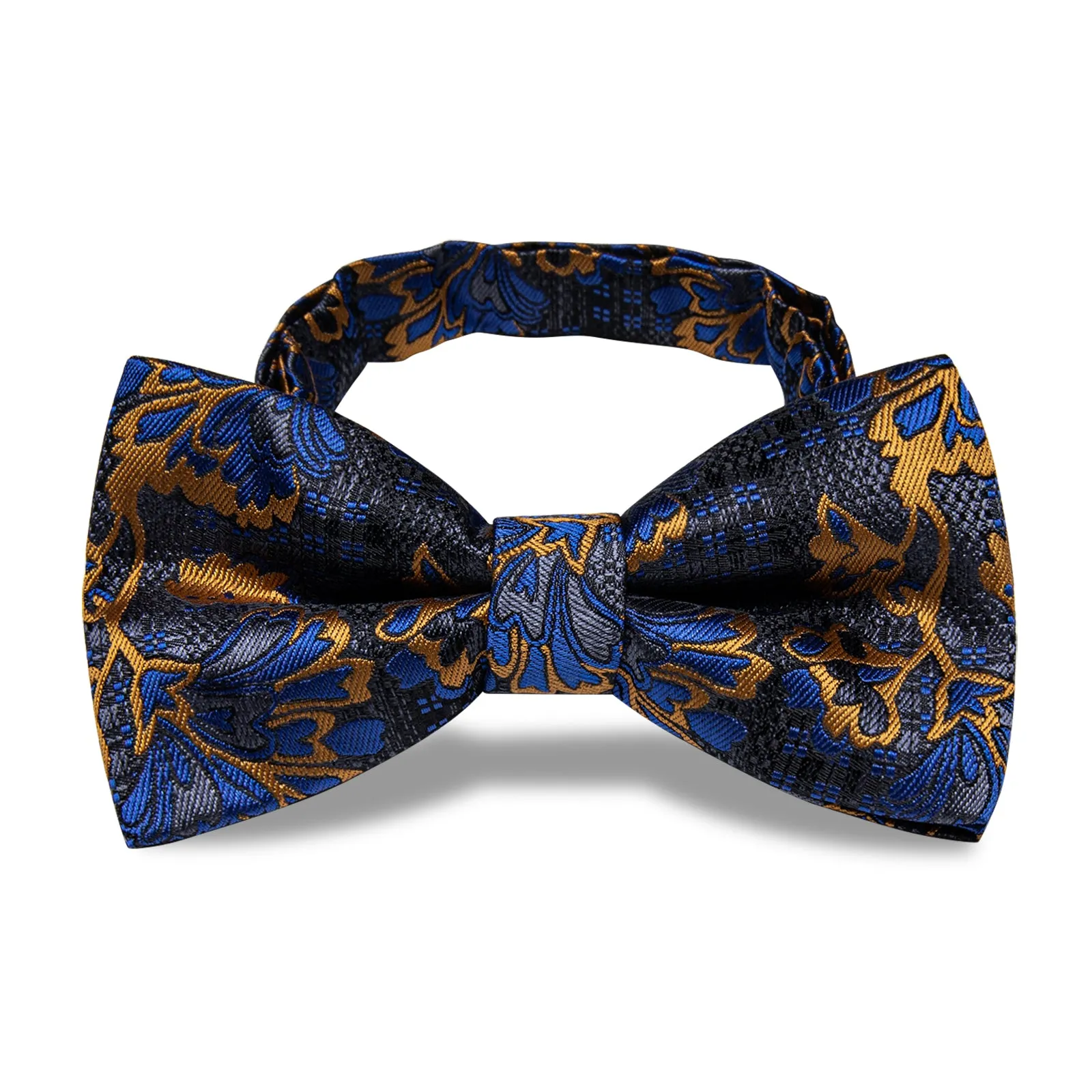 YourTies Luxury Deep Blue Necktie Golden Jacquard Floral Silk Bow Tie