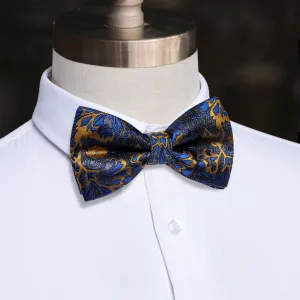YourTies Luxury Deep Blue Necktie Golden Jacquard Floral Silk Bow Tie