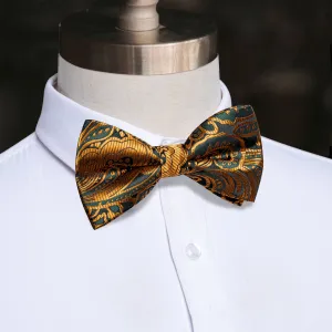 YourTies Luxury Necktie Golden Green Paisley Pre-tied Bow Tie for Men