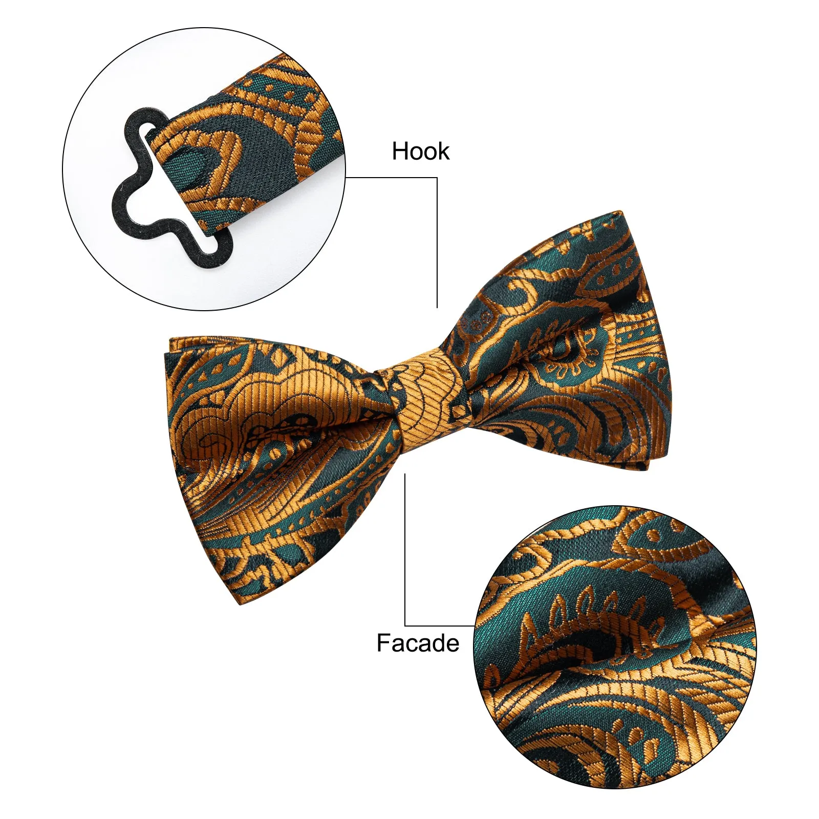 YourTies Luxury Necktie Golden Green Paisley Pre-tied Bow Tie for Men