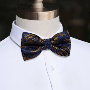 YourTies Men's Silk Necktie Navy Blue Golden Paisley Pre-tied Bowtie
