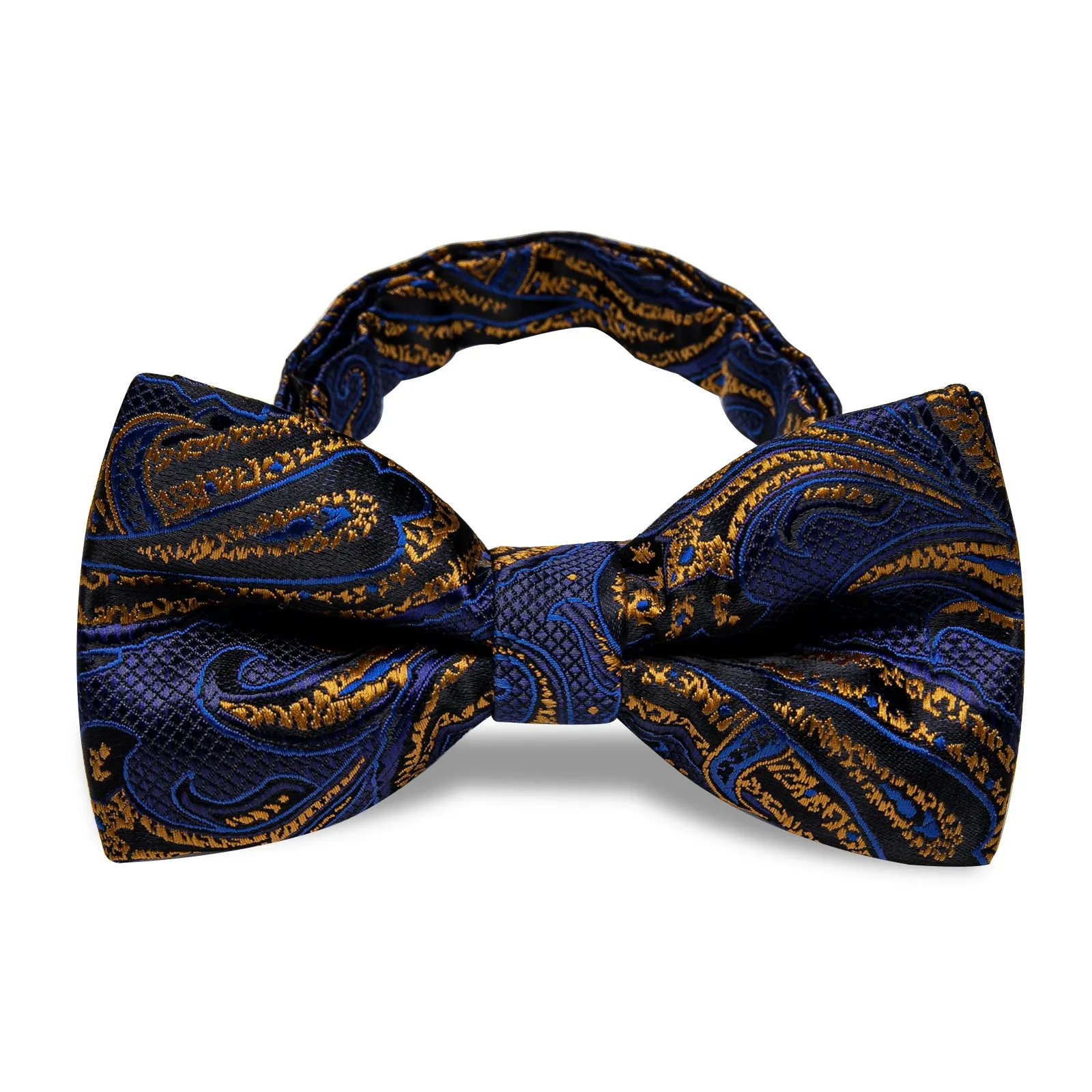 YourTies Men's Silk Necktie Navy Blue Golden Paisley Pre-tied Bowtie